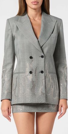Philipp Plein Double-Breasted Check Blazer with Crystal Embellishment