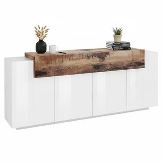 Dmora Aparador Moderno De 5 Puertas, Made In Italy, Aparador De Cocina, Buffet De Dise&ntilde;o Para Sala De Estar, Cm 200x45h86, Color Blanco Brillante Y Arce, Co