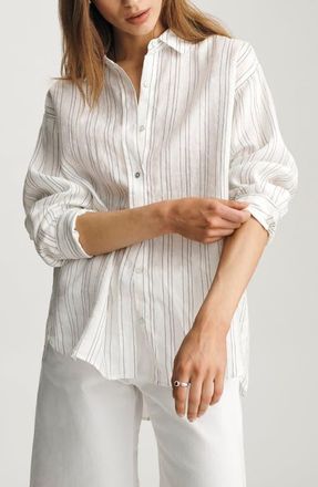 Mavi Stripe Relaxed Fit Linen Button-Up Shirt in White/Black Striped at Nordstrom, Size Medium