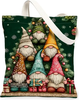 Generic Gnome Canvas Tote Bags, Festive Character Pattern Reusable Shopping Bags, Winter Lightweight Washable Shoulder Strap for Tr, Green, 13x15 Inch