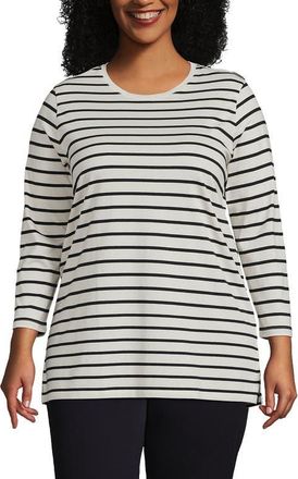 Lands End 3/4 Sleeve Cotton Supima Tunic in Ivory/black Breton Stripe at Nordstrom, Size 1X