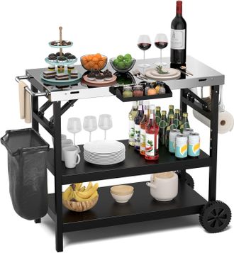 Costway Carro Cocina Con 2 Ruedas, Metal, Carrito Auxiliar Con Ruedas De 3 Niveles, Estante Ajustable, Soporte Para Tel&eacute;fono Y Especias, Toallero, Ganchos Col