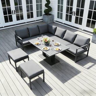 Alivio 8-Seater Grey L-Shape Iron Garden Sofa Set with Rising Table & Stools | Size: 250 cm x 70 cm