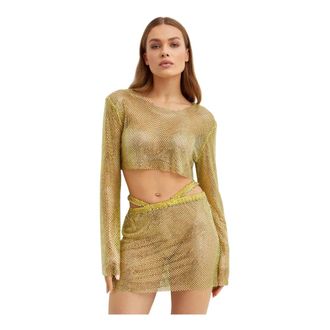 Santa Brands Blouses, female, Yellow, Size: XS/S Mesh Crop Top With Flared Sleeves