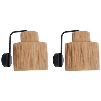 Beliani Conjunto De 2 L&aacute;mparas De Pared Rafia Hoja De Palma Base De Metal Hecho A Mano Estilo Boho Natural Shinfa