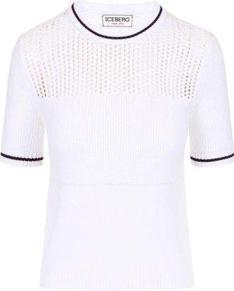 Iceberg Katoenen sweater met ronde hals- strepen en open bewerking - Dames - Ronde hals truien - Wit - S - Katoen - Truien & Vesten