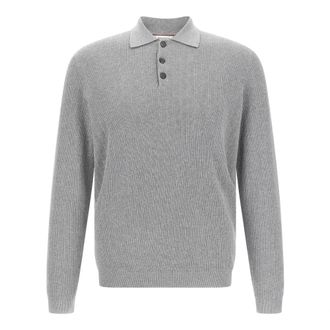 Brunello Cucinelli Round-neck Knitwear, male, Gray, M, Pure Cotton Knit Polo Shirt
