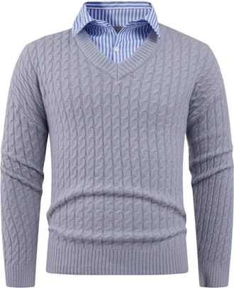 Generic Mens Jumper with Mock Shirt Collar Classic Casual Sweaters Pullover V-Neck Long Sleeve Knitwear Fashion Solid Color Lightweight Polo Shirts Mens Winte