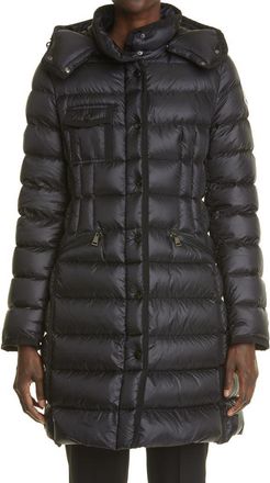 Moncler Hermine Grosgrain Trim Quilted Down Puffer Coat in Black/Black at Nordstrom, Size 6