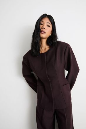 Warehouse Womens Premium Tailored Extreme Shoulder Moulded Waist Blazer - Chocolate - Size 16 UK