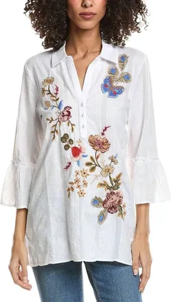 Johnny Was Ruffle Sleeve Henley Tunic Top In White