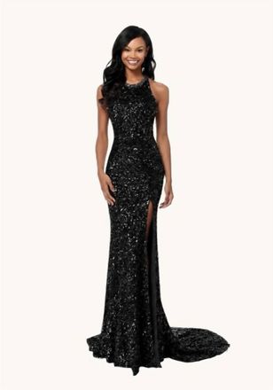 Sherri Hill Open Back High Slit Halter Gown In Black