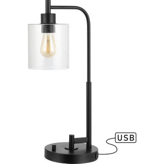 Jonathan Y Designs Axel Modern 23 Iron/Seeded Glass Farmhouse Industrial USB Charging LED Task Lamp, Black at Nordstrom
