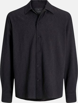 Jack & Jones Jack & Jones Mens Jacquard Collared Neck Long Sleeve Shirt - Black - Size: 38/Regular