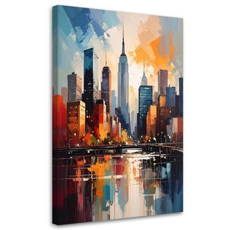 Feeby Cuadro Sobre Lienzo Horizonte De Ciudad Moderna En C&aacute;lidos Colores Anaranjados 80x120