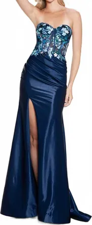 Juliet Floral Strapless Corset Gown In Navy Blue