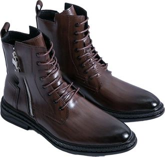 Generic Mens Round Toe Military Combat Boots Lace Up Short Boots with Side Zipper PU Leather Business Dress Shoes,Brown,7.5 UK