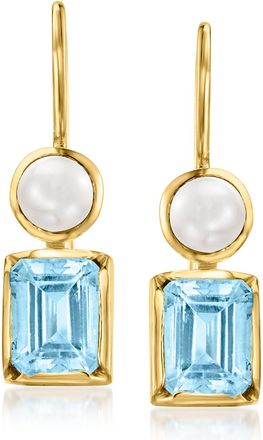 Ross-Simons 5mm Cultured Pearl and Sky Blue Topaz Drop Earrings in 18kt Gold Over Sterling