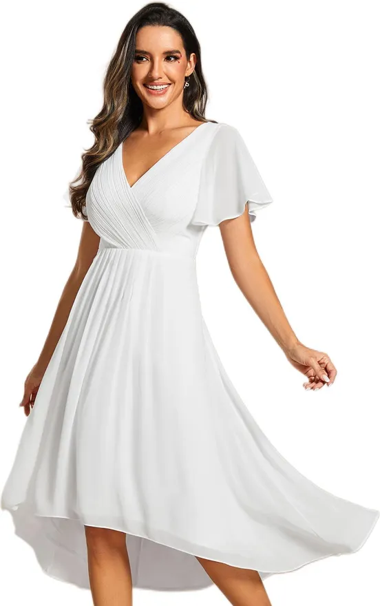 White Midi Dress V-Neck A-Line Short Sleeves Wedding Guest Dresses for Women White 16
