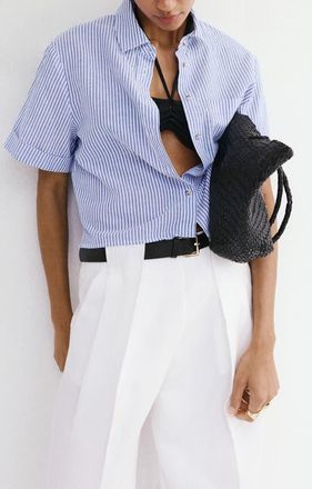 Mango Stripe Short Sleeve Cotton & Linen Button-Up Shirt in Sky Blue at Nordstrom, Size 2