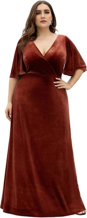 Ever-pretty Ever Pretty Womens Elegant Vintage Velvet Short Sleeves Floor Length Plus Size Evening Dresses Brick Red 30UK