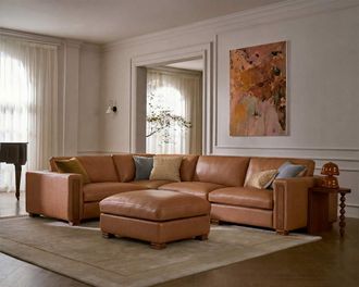 Castlery Tan France Kagan Leather 4-Piece Chaise Sectional Couch with Ottoman, (Marche) Cocoa, Brown American Top-Grain Leather, Modern Heritage Modular Sofa