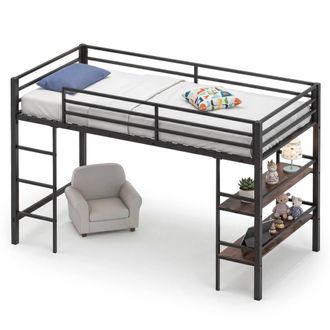 Costway Costway Single Size Metal Loft Bed w/Storage Shelves No Box Spring Needed in Brown