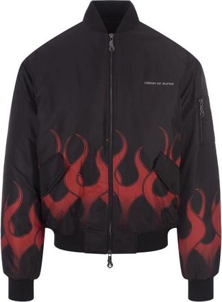 Vision Of Super Zwarte Gewatteerde Bomberjas met Vlammenprint - Heren - Bomber jackets - Zwart - XL - Nylon - Jassen