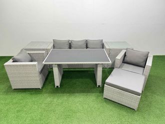 Fimous Patio Garden Furniture Sets with Dining Table 2 Side Tables Big Stool in Light Grey