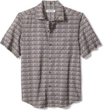 Tommy Bahama Bahama Coast Tile Isle Geo Print IslandZone Short Sleeve Button-Up Shirt in Black at Nordstrom, Size Large
