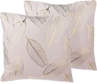 Beliani Beliani - Conjunto De Cojines Decorativos En Terciopelo Rosa Con Patr&oacute;n De Hoja 45 X 45 Cm Accesorio De Casa Moderno L&aacute;mina Dorada Freesia