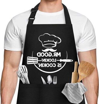 OEM Delantal De Cocina Con 3 Bolsillos, Funda Protectora Impermeable Ajustable, Regalo Divertido Para Pap&aacute; - Negro