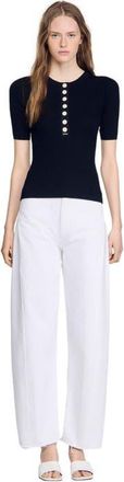 Sandro Sweater with ribbed button placket in Black at Nordstrom, Size X-Large