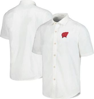 Tommy Bahama Mens Tommy Bahama White Wisconsin Badgers Coconut Point Palm Vista IslandZone Camp Button-Up Shirt at Nordstrom, Size X-Large
