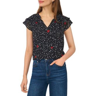 CeCe by Cynthia Steffe Floral Dot Flutter Sleeve Split Neck Top in Rich Black at Nordstrom, Size X-Small