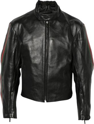 Gucci Leren Bikerjack met Webdetail - Heren - Leren en Su&egrave;de Jassen - Zwart - 3XL - Katoen - Jassen