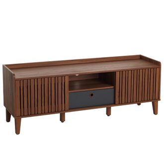 Hhg Hhg - Mueble Tv 421, Mueble Tv Lowboard, Puerta Corredera 56x150x40cm, Aspecto Nogal, Caj&oacute;n Gris Oscuro