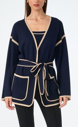 Trina Turk Wright Belted Flare Sleeve Cardigan in Indigo/biarritz Beige at Nordstrom, Size Xx-Large