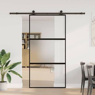 Berkfield Home Sliding Door with Hardware Set 102, 5x205 cm Tempered Glass&Aluminium in Black