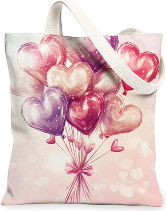 Generic Heart Balloon Canvas Tote Bags, Romantic Floral Design Reusable Grocery Bags, Lightweight Washable Shoulder Strap Canvas for Gift, Party, Outdoor Trav