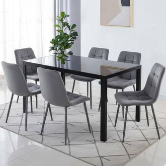 Kosy Koala Black Glass Dining Table Set With 6 Grey Velvet Chairs