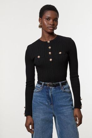 Karen Millen Military Trim Rib Long Sleeve Knit Top in Black at Nordstrom, Size X-Small