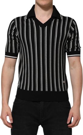 Dolce & Gabbana Mens Striped Vneck Polo Shirt - Black Silk - Size EU 44 (Mens)