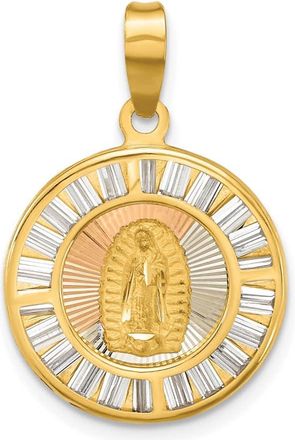 Diamond2Deal 14k Yellow Gold Rose and White-plated Polished Cubic Zirconia Baguettes Mary Round Pendant