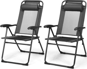 Costway Sillas Reclinables Plegables De Patio De 2 Piezas, Sillas Plegables Ajustables Con Reposacabezas, Conjuntos De Bistr&oacute; De Malla Ventilada Para Jard&iacute;n, 