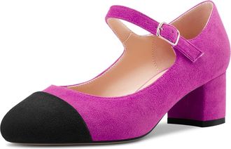 Castamere Women Chunky Block Mid Heel Round Cap Toe Mary Jane Pumps Court Shoe Wedding Office Casual 5 CM Heels Magenta Peach Red Suede 4 UK