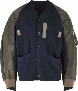 sacai Cardigan In Navy Cotton And Khaki Blend