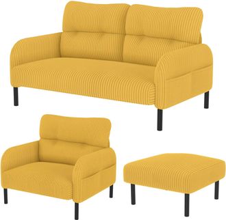 STILVORA Conjunto De Sof&aacute;s De 4 Plazas En Terciopelo Acanalado Con Sof&aacute; Recto, Sill&oacute;n, Taburete, Bolsillo Lateral, Amarillo