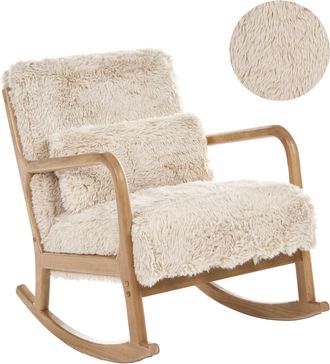 Beliani Silla Mecedora De Pelo Sint&eacute;tico Retro Cl&aacute;sico Con Reposabrazos Y Coj&iacute;n Patas De Madera De Caucho Beige Claro Skovde