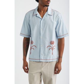 Wax London Keats Embroidered Short Sleeve Button-Up Shirt in Light Blue /Rust at Nordstrom, Size Xx-Large